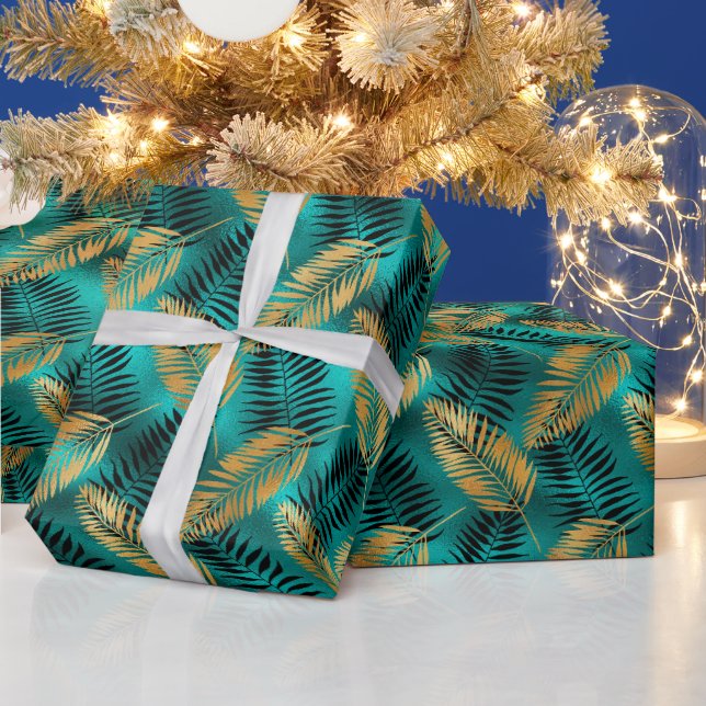 Gold Teal Palm Leaves | Luxe Tropical Pattern Geschenkpapier (Feiertage)