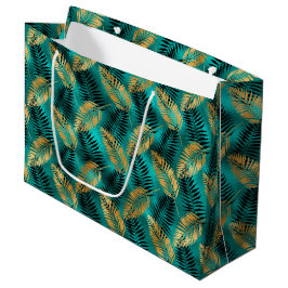 Gold Teal Palm Leaves | Luxe Tropical Pattern Große Geschenktüte
