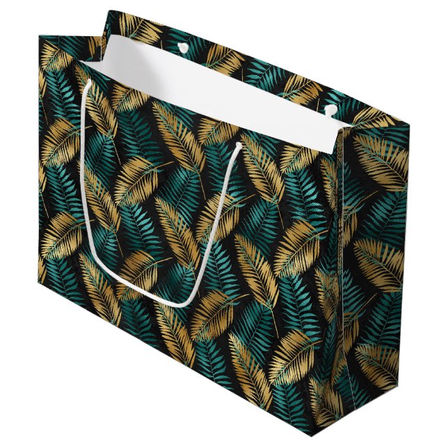 Gold Teal Palm Leaves | Luxe Tropical Pattern Große Geschenktüte (Vorderseite Schrägansicht)
