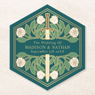 Gold Teal Royal Weiße Florale Schwert Hochzeit Untersetzer
