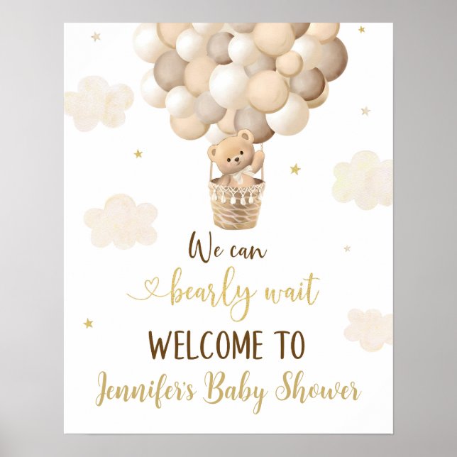Gold Teddy Bear Balloons Baby Dusche Willkommen Poster (Vorne)