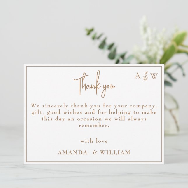 Gold Template Leaf Monogram Wedding Dankeschön Kar Einladung (Stehend Vorderseite)