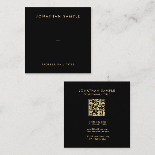 Gold Text Moderner QR-Code Elegantes Schwarzes Tem Quadratische Visitenkarte (Vorne/Hinten)