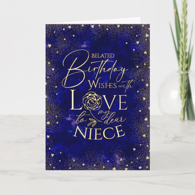 Gold Text Night Sky Belated Birthday Niece Karte (Vorderseite)