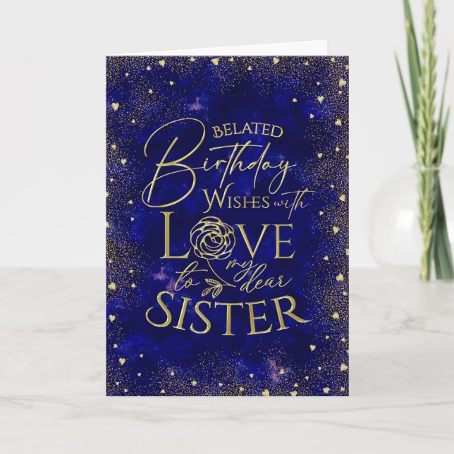 Gold Text Night Sky Belated Birthday Sister Karte (Vorderseite)