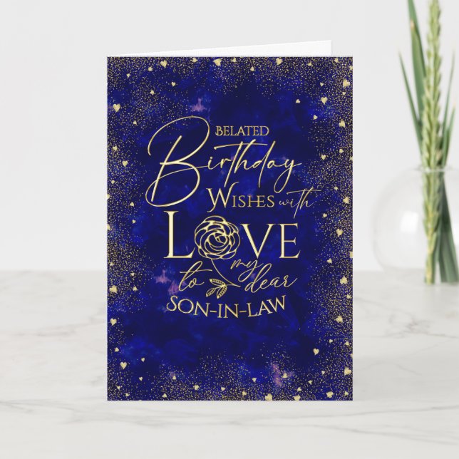 Gold Text Night Sky Belated Birthday Son-In-Law Karte (Vorderseite)