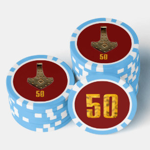 Gold Thor Hammer Red lt blue 50 gestreifter Poker  Pokerchips