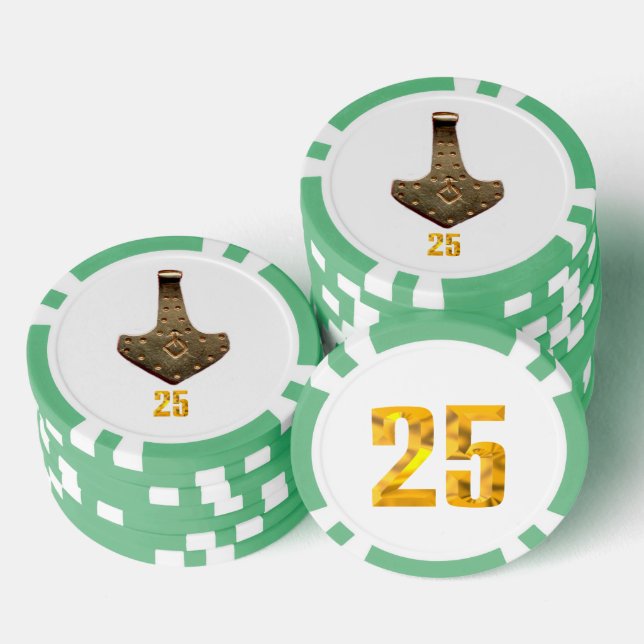 Gold Thor Hammer Weiß Grün 25 gestreifter Poker Ch Pokerchips (Stapel)