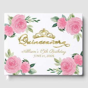 Gold Tiara Blush Hot Pink Floral Quinceanera Gästebuch