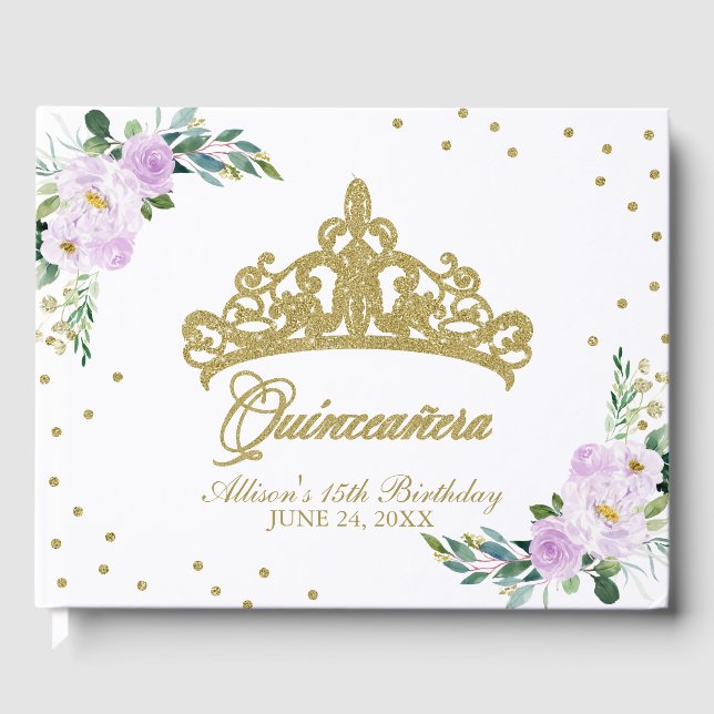 Gold Tiara Blush Lila Lilac Floral Quinceanera Gästebuch (Vorderseite)