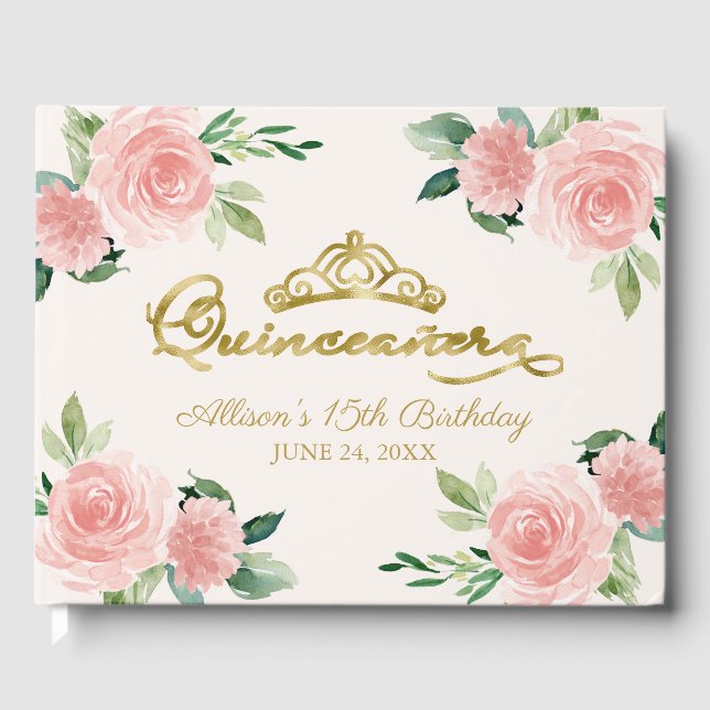 Gold Tiara Blush Pink Floral Quinceanera Gästebuch (Vorderseite)