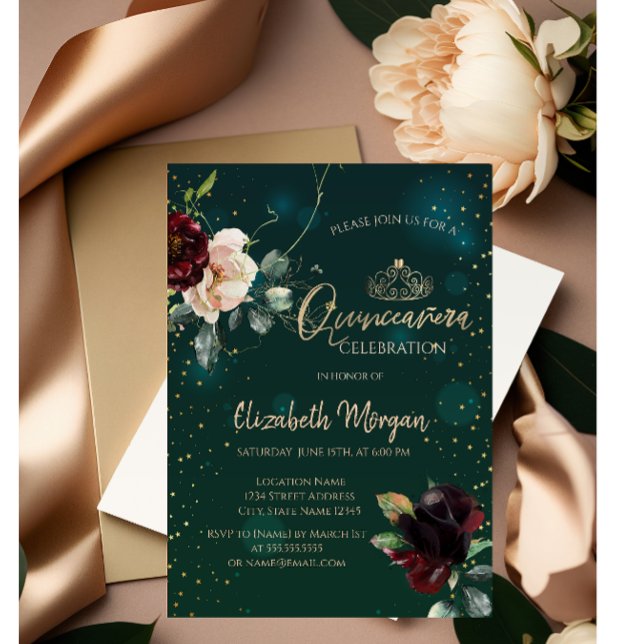 Gold Tiara, Burgund Blume Green Quinceañera Einladung (Von Creator hochgeladen)