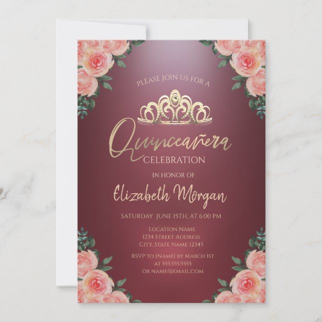 Gold Tiara Burgundy Blume Rose Quinceañera Einladung (Vorderseite)