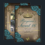 Gold Tiara Butterflies Aquamarine Rose Sweet 16 Einladung<br><div class="desc">Passen Sie Ihre woll-Möglichkeiten an. Ersetzen Sie das Foto auf der Rückseite durch Ihr eigenes Foto oder entfernen Sie das Foto zusammen.</div>