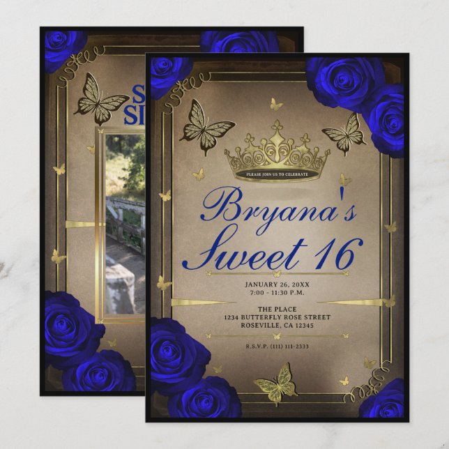 Gold Tiara Butterflies Blue Rose Sweet 16 Einladung (Vorne/Hinten)