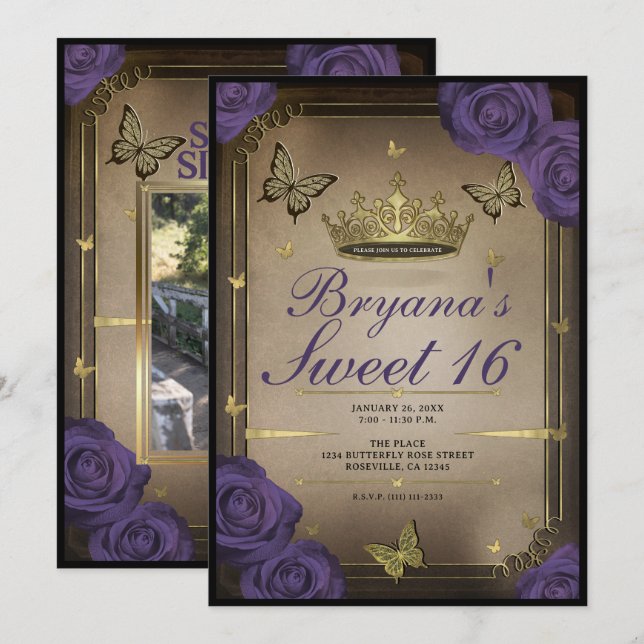 Gold Tiara Butterflies Lila Rose Sweet 16 Foto Einladung (Vorne/Hinten)
