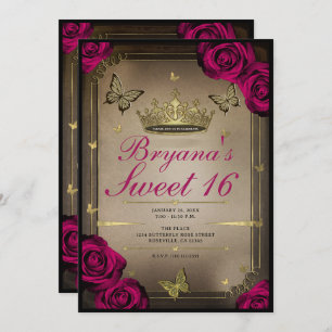 Gold Tiara Butterflies Magenta Rose Sweet 16 Einladung