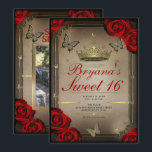 Gold Tiara Butterflies & Rote Rosen Sweet 16 Foto Einladung<br><div class="desc">Passen Sie Ihre woll-Möglichkeiten an. Ersetzen Sie das Foto auf der Rückseite durch Ihr eigenes Foto oder entfernen Sie das Foto zusammen.</div>