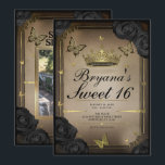 Gold Tiara Butterflies Schwarze Rose Sweet 16 Foto Einladung<br><div class="desc">Passen Sie Ihre woll-Möglichkeiten an. Ersetzen Sie das Foto auf der Rückseite durch Ihr eigenes Foto oder entfernen Sie das Foto zusammen.</div>