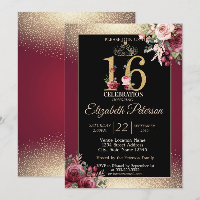 Gold Tiara Confetti Burgundy Sweet 16 Party Einladung (Vorne/Hinten)