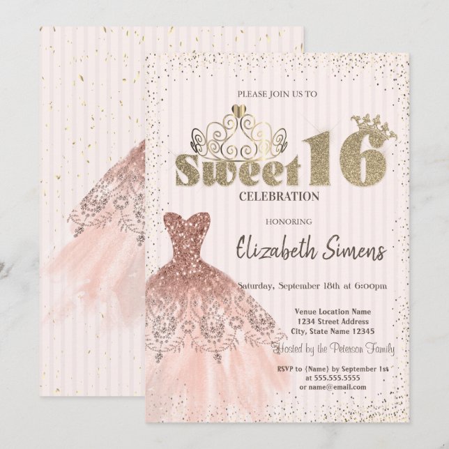 Gold Tiara, Confetti, Kleid, Stripe Sweet 16 Einladung (Vorne/Hinten)