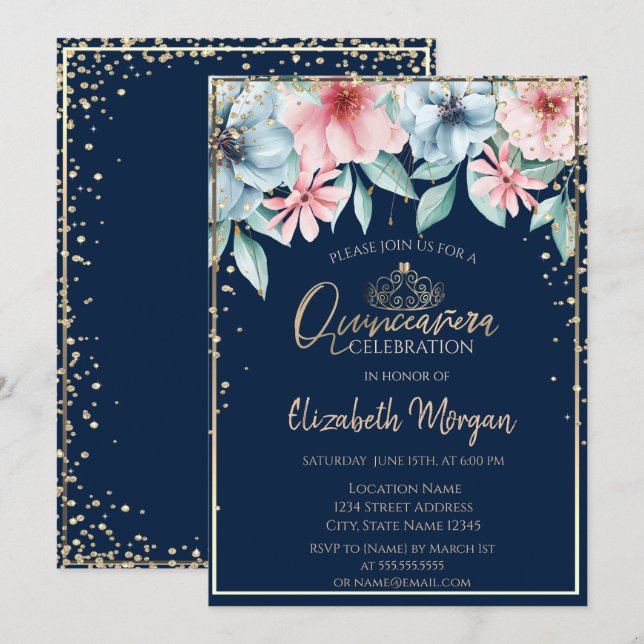 Gold Tiara, Diamanten, Blumenquinceñera Einladung (Vorne/Hinten)
