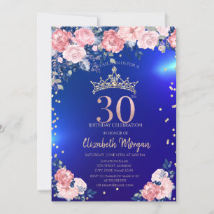 Gold Tiara Diamonds Blume Blue 30. Geburtstag Einladung