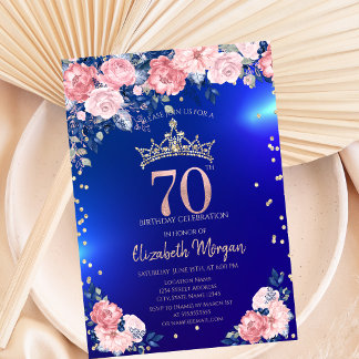 Gold Tiara Diamonds Blume Blue 70. Geburtstag Einladung