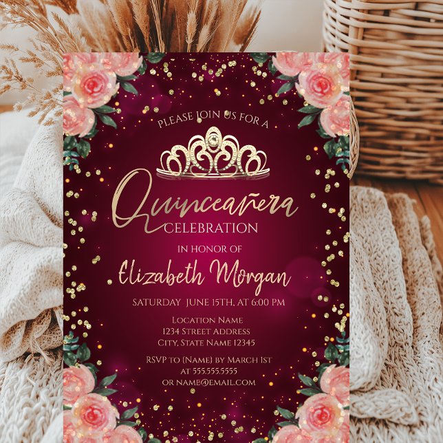 Gold Tiara, Diamonds Burgundy Floral Quinceañera Einladung (Von Creator hochgeladen)