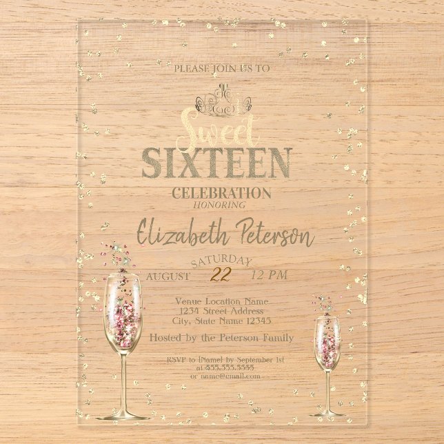 Gold Tiara, Diamonds Champagne Glass Sweet 16 Acryleinladungen (Vorderseite)