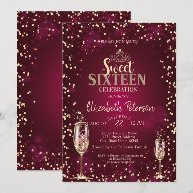 Gold Tiara, Diamonds Champagne Glass Sweet 16 Einladung (Vorne/Hinten)