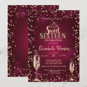 Gold Tiara, Diamonds Champagne Glass Sweet 16 Einladung