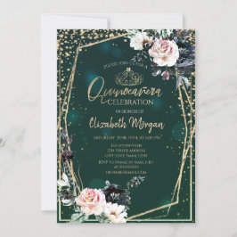 Gold Tiara, Diamonds Chic Blume Quinceañera Einladung