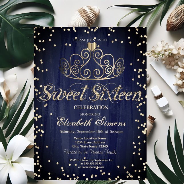 Gold Tiara Diamonds Princess Navy Blue Sweet 16 Einladung (Von Creator hochgeladen)