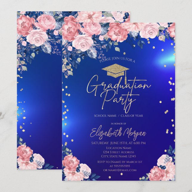 Gold Tiara Diamonds Rose Blue Graduation Party Einladung (Vorne/Hinten)