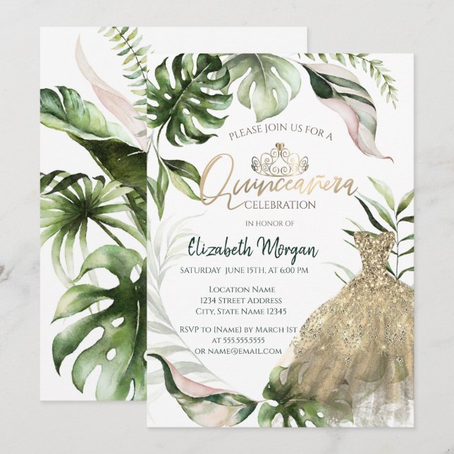 Gold Tiara Dress Tropical Blätter Quinceañera Einladung (Vorne/Hinten)