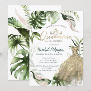 Gold Tiara Dress Tropical Blätter Quinceañera Einladung