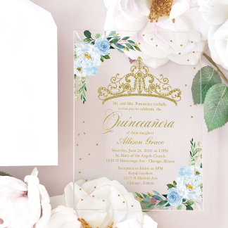 Gold Tiara Dusty Blue Flowers Quinceañera Acryleinladungen