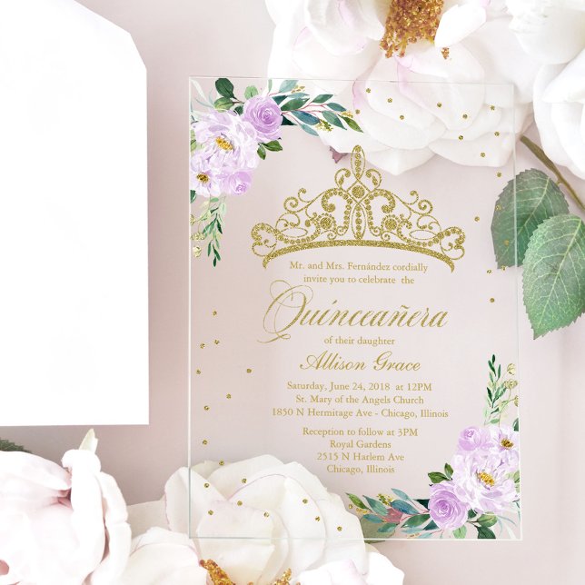 Gold Tiara Lilac Blume Quinceañera Acryleinladungen (Von Creator hochgeladen)