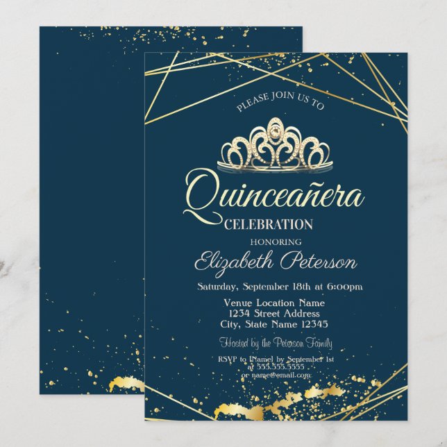 Gold Tiara, Navy Blue Quinceañera Einladung (Vorne/Hinten)