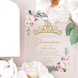 Gold Tiara Pink Blume Quinceañera Acryleinladungen