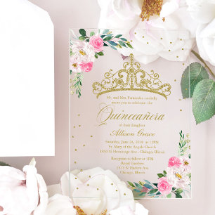 Gold Tiara Pink Blume Quinceañera Acryleinladungen