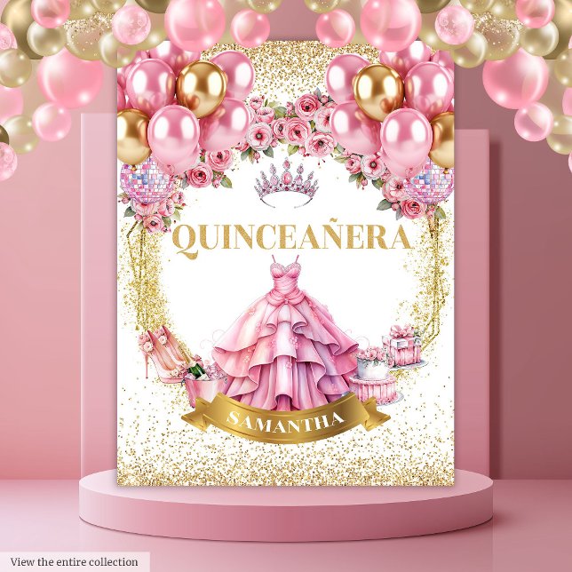 Gold Tiara Quinceañera Hintergrund Rosa Feier Wandteppich (Gold Tiara Quinceañera Backdrop Pink Celebration

)
