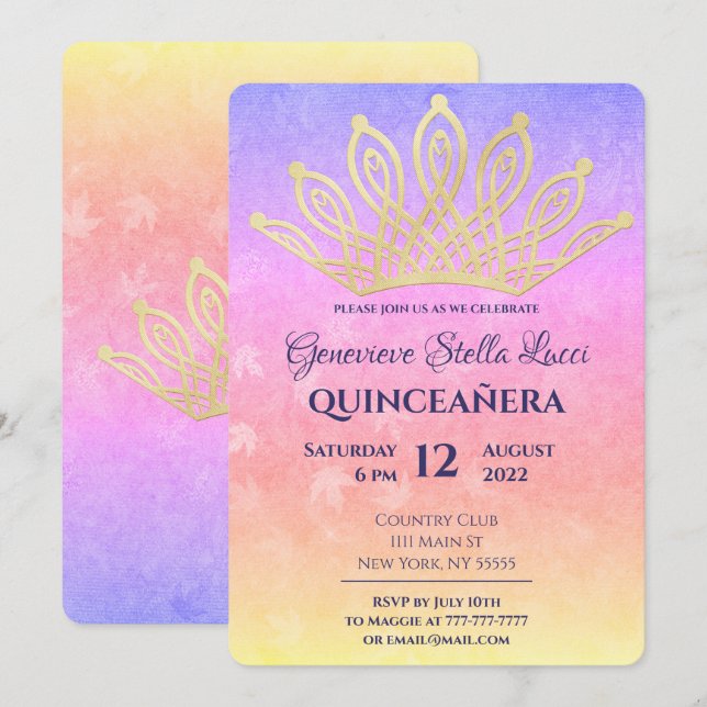 Gold Tiara Quinceañera Party Invitation (Devant / Derrière)