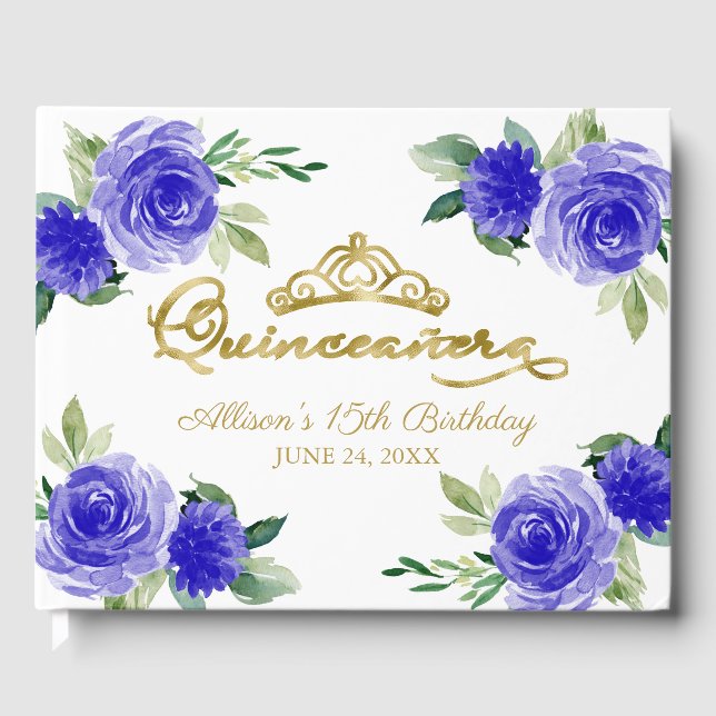 Gold Tiara Royal Blue Floral Quinceanera Gästebuch (Vorderseite)