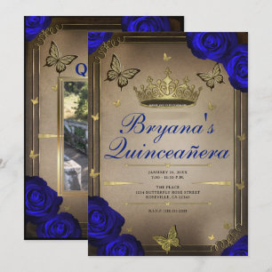 Gold Tiara Schmetterlinge Blaue Rosen Quinceañera  Einladung