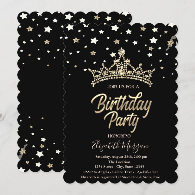 Gold Tiara Stars Black Birthday Party Einladung (Vorne/Hinten)