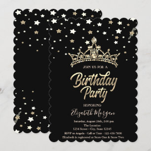 Gold Tiara Stars Black Birthday Party Einladung