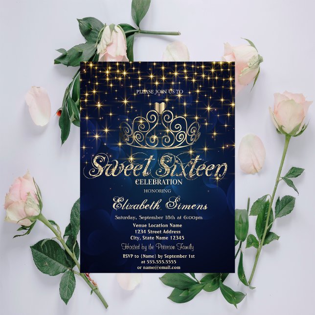Gold Tiara Stars Princess Navy Blue Sweet 16 Einladung (Von Creator hochgeladen)