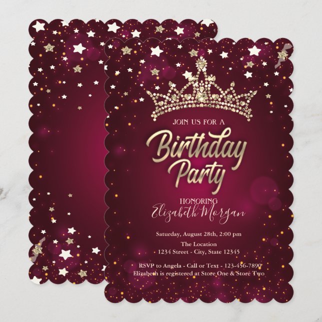 Gold Tiara Stars Red Birthday Party Einladung (Vorne/Hinten)